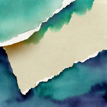 torn edge watercolor papers with green, tan and blue washes