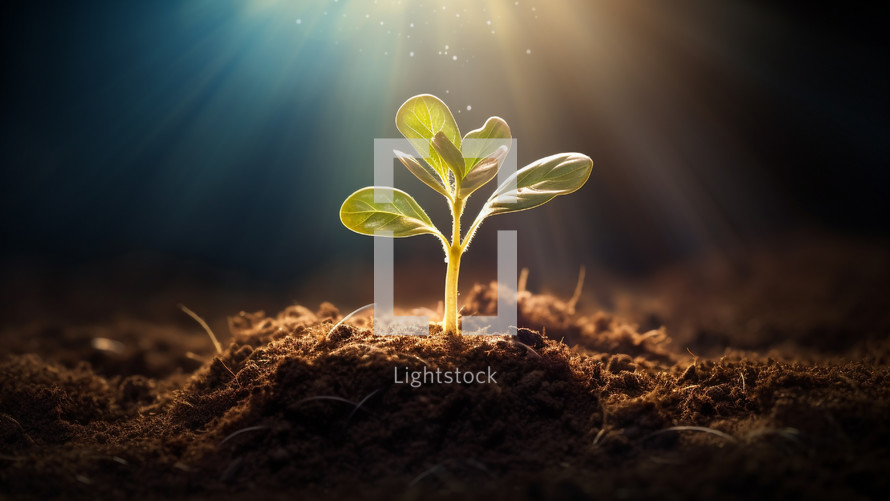 Celestial light on a plant growing from the dirt 