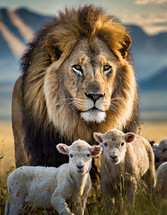 Lion standing over to protect sheep in a field with bright sun.