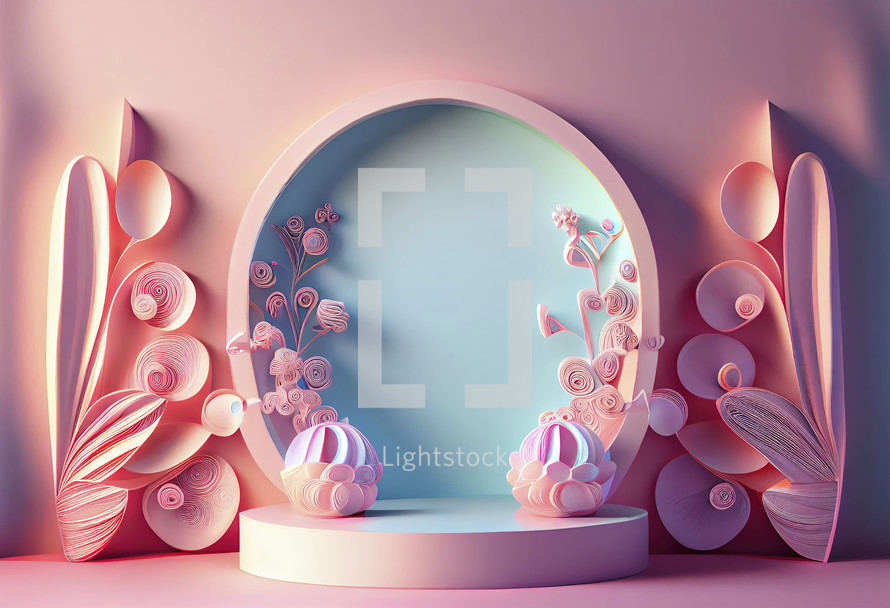 3d illustration of podium with floral ornament for product promotion
