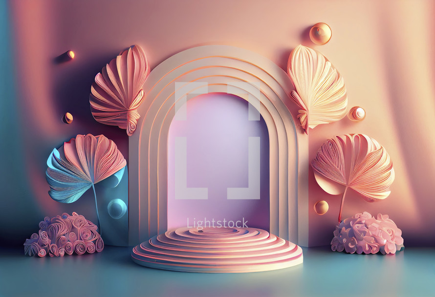 3d illustration of podium with floral ornament for product promotion