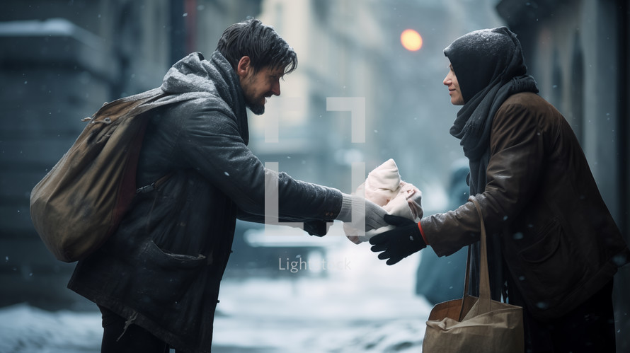 Kind person giving food to a hungry poor homeless person