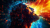 AI Generated Image. Jesus Christ composed of vibrant digital pixels in front of glowing digital data streams