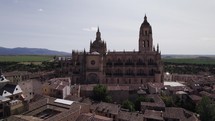 Amazing Segovia Cathedral, low angle aerial, cinematic orbit. Spain	