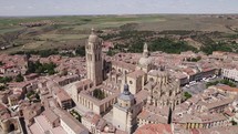 Aerial View Of Segovia Cathedral On Sunny Day. Slow Orbit Motion	