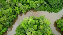 Aerial shot drone hovering with camera pointing down following canoe full of people paddling down brown river in middle of Amazon rainforest