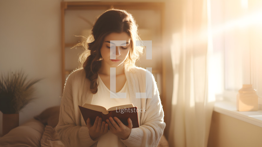 A young woman holding a bible and reading with light coming through a window