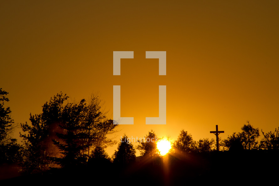 sun setting behind the trees and a silhouette of a cross
