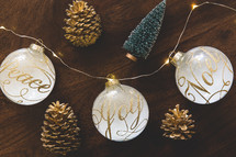 Christmas ornaments on wood background 