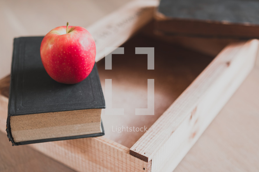 apple, book, and wooden tray 