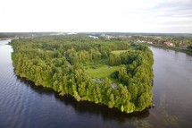 aerial view over a lake island 