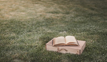open Bible and wood box in grass 