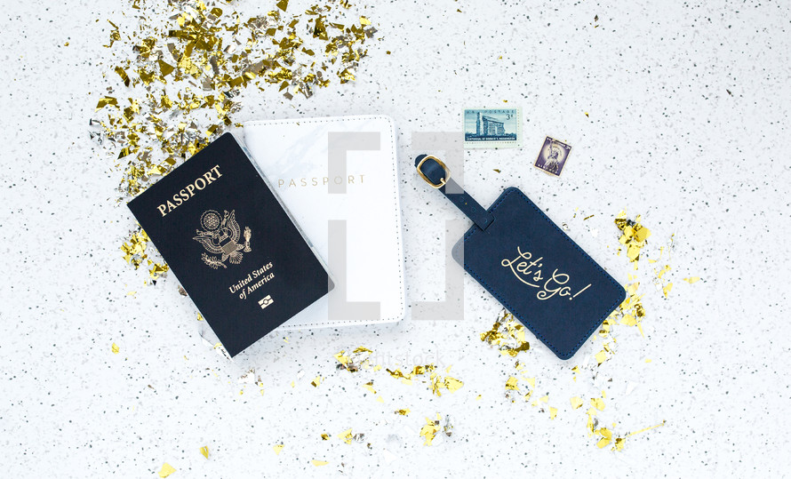 passports and travel luggage tags 