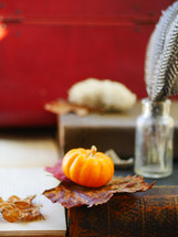 mini pumpkin, fall leaf, and feather, and book 