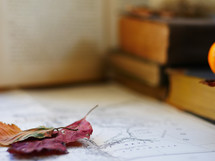fall leaves, vintage map, and books on a desk 