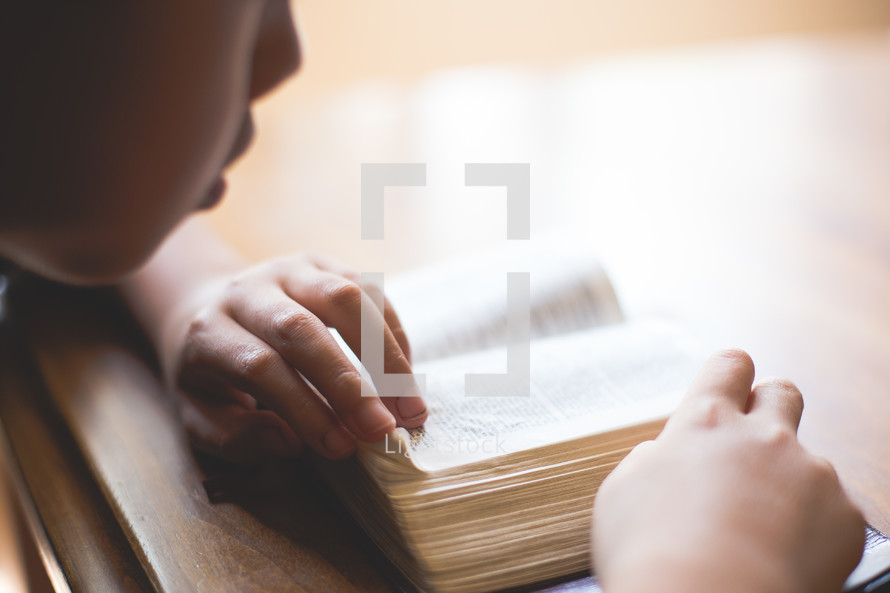 boy child reading a pocket Bible 