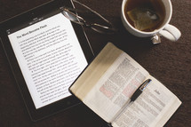 Coffee cup, iPad, Bible, reading glasses 