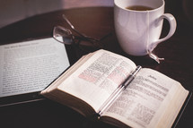 Coffee cup, iPad, Bible, reading glasses, pen 
