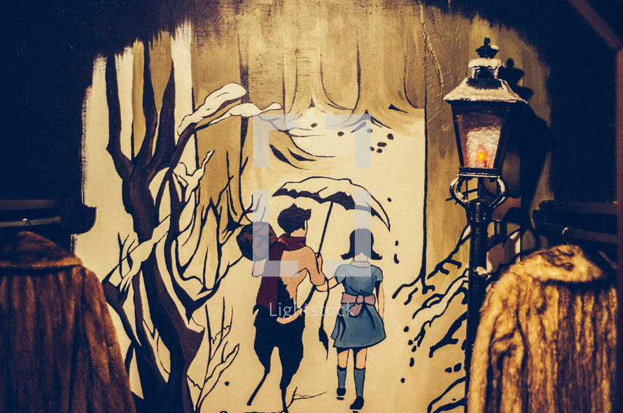 illustration of a couple walking in the rain in a forest 