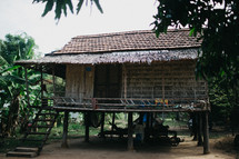 a cabin on stilts in the jungle 