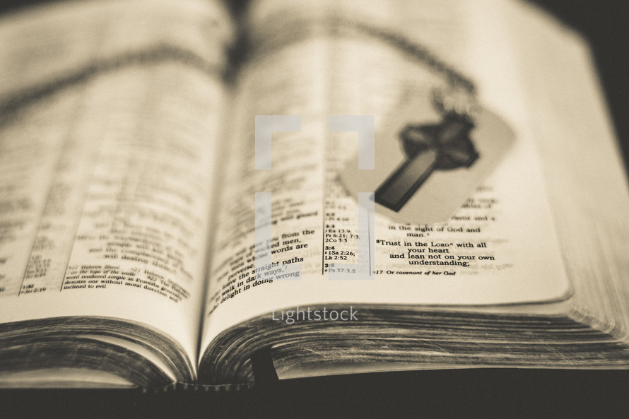 A cross dog tag on the pages of a Bible. 