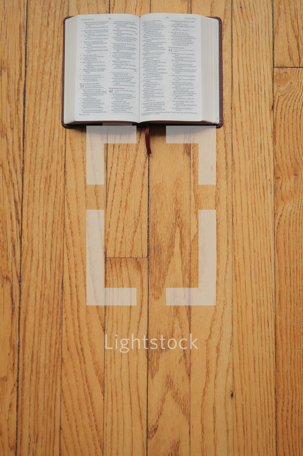 an open Bible on a wood floor 