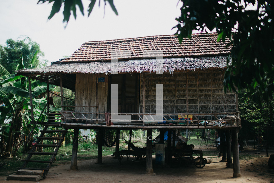 a cabin on stilts in the jungle 