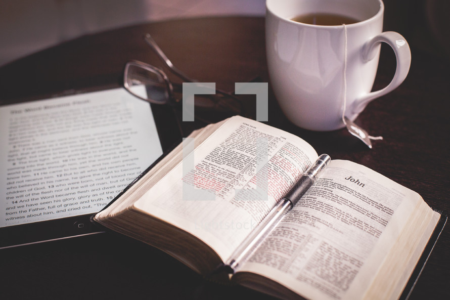 Coffee cup, iPad, Bible, reading glasses, pen 