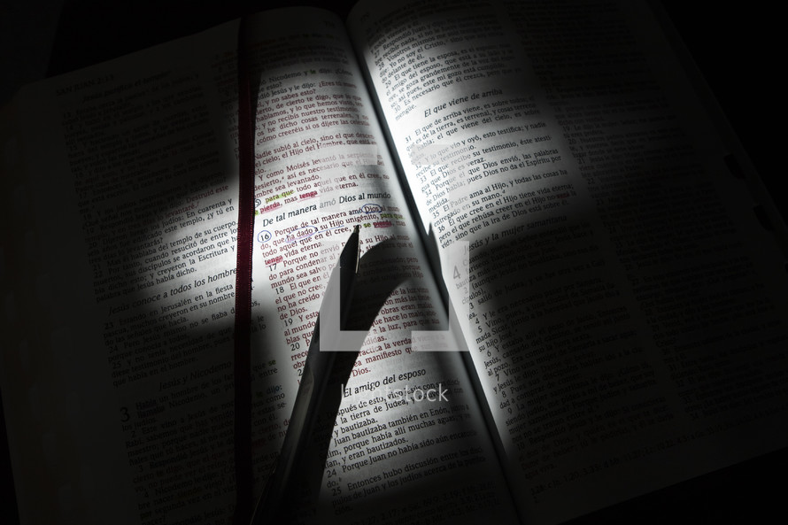 Cross shaped light shining on pages of open Spanish Bible.