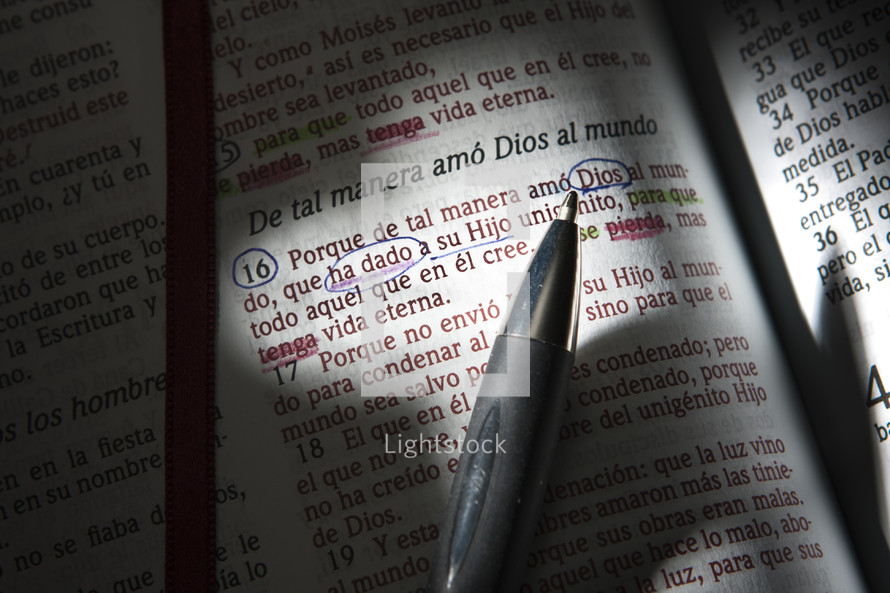 Pen on top of Spanish Bible pages.