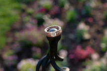 Wedding rings on the top of a fence with blurry floral background