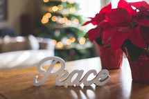 potted poinsettias and word peace 