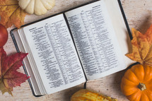 open Bible with fall items 