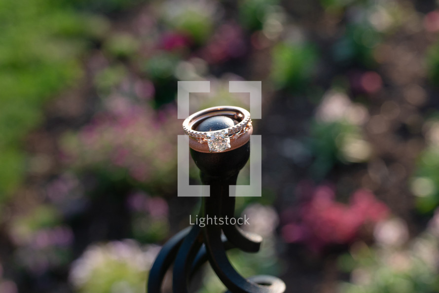 Wedding rings on the top of a fence with blurry floral background