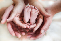 Mother and father's hands around an infant's feet.