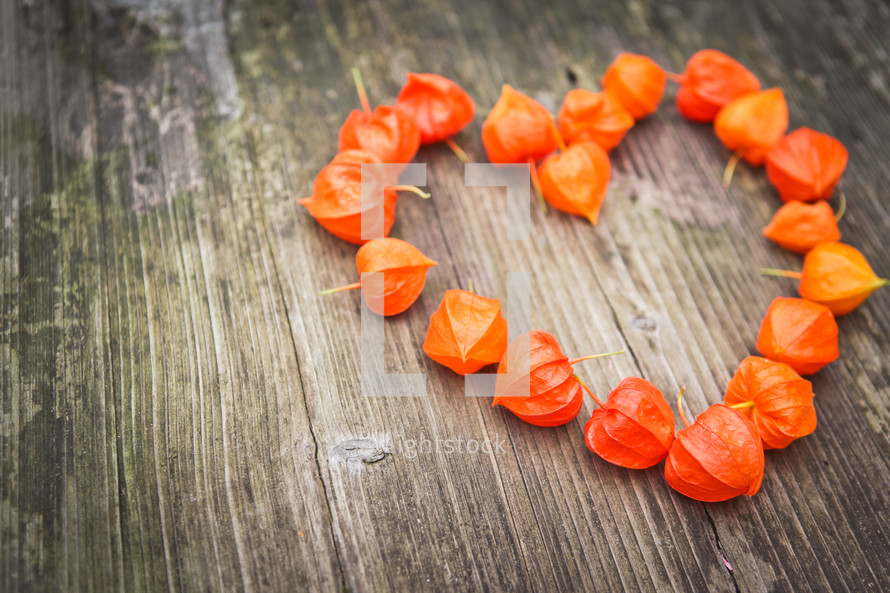 an orange heart outline on a wood background 