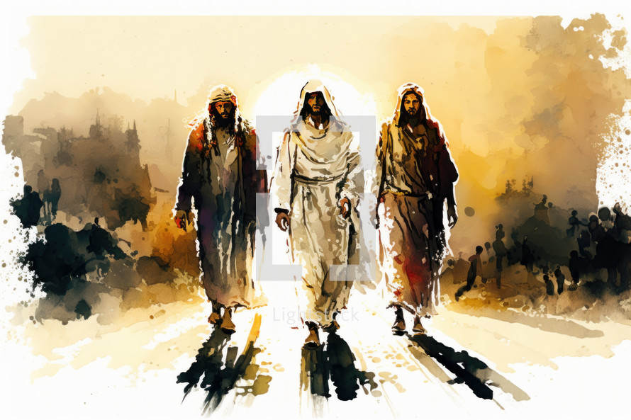 Jesus walking and talking to the two disciples on their way to Emmaus, after his resurrection  