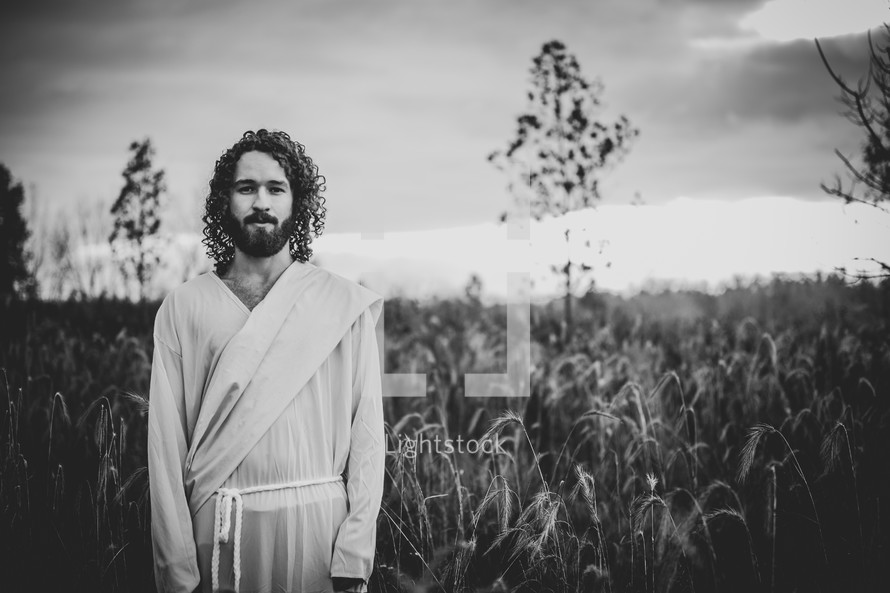 Jesus standing in a field of tall brown grasses