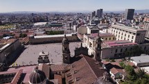 Aerial orbit Plaza de Bolivar and Cathedral Primada in Bogota, Colombia, skyline