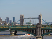 LONDON, UK - CIRCA SEPTEMBER 2019: Panoramic view of River Thames with Southwark Bridge, London Bridge and Tower Bridge