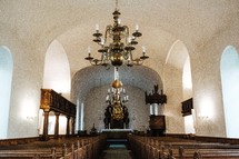 chandeliers in an empty church 
