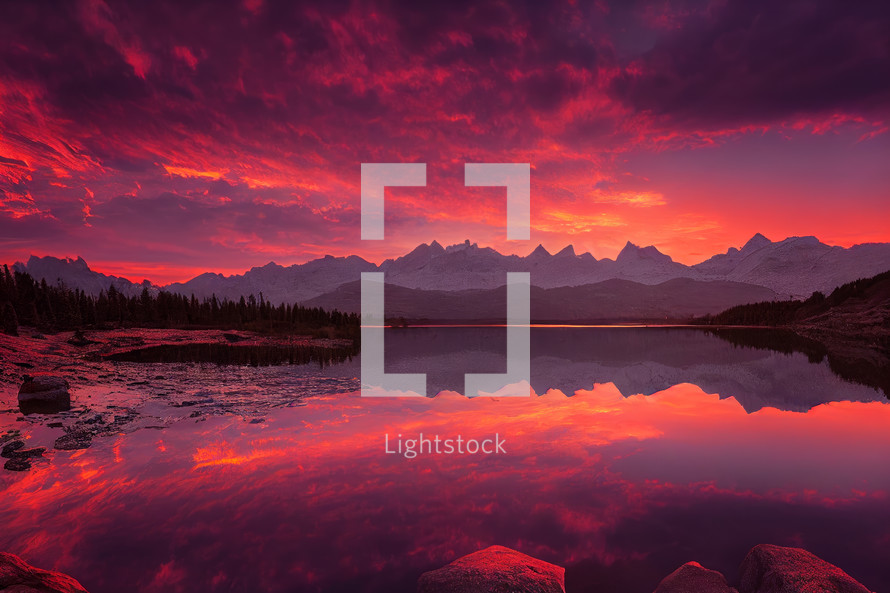Digital art depicting a beautiful sunset with a mountain range and water in the forground