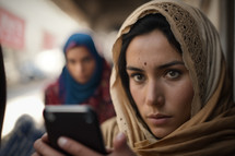 Digital art depicting a Muslim woman reading or watching content on her smartphone