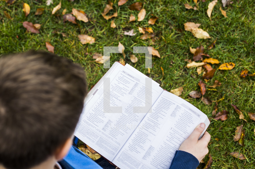 a boy reading in grass in fall 