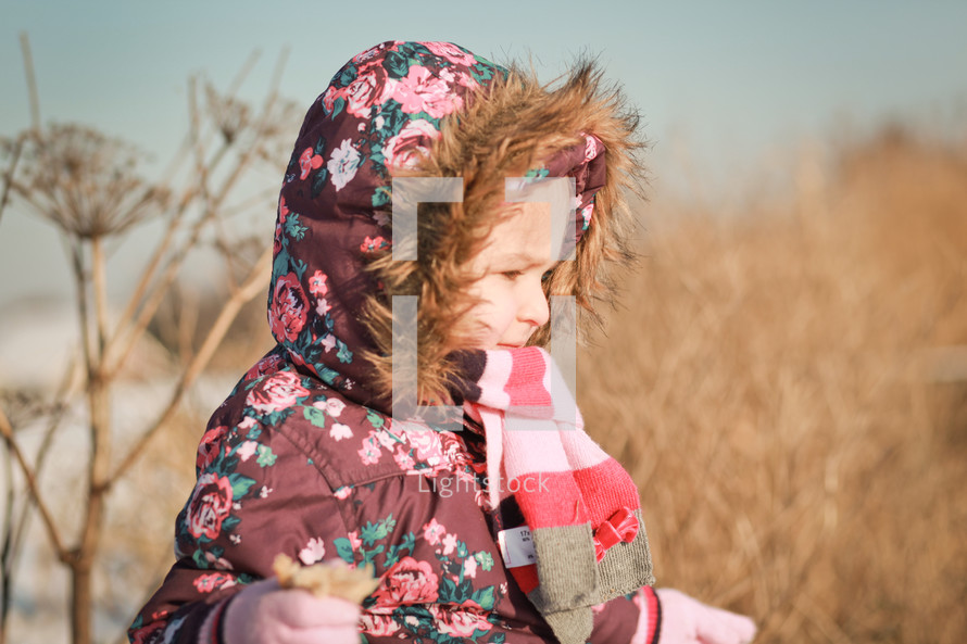A little girl bundled up in winter clothes.