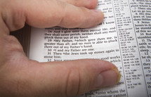 Thumb and finger surrounding Bible text, John 10:28-31
