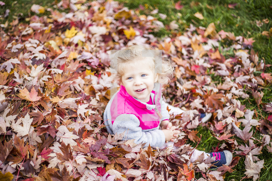 a toddler girl sitting in fall leaves 