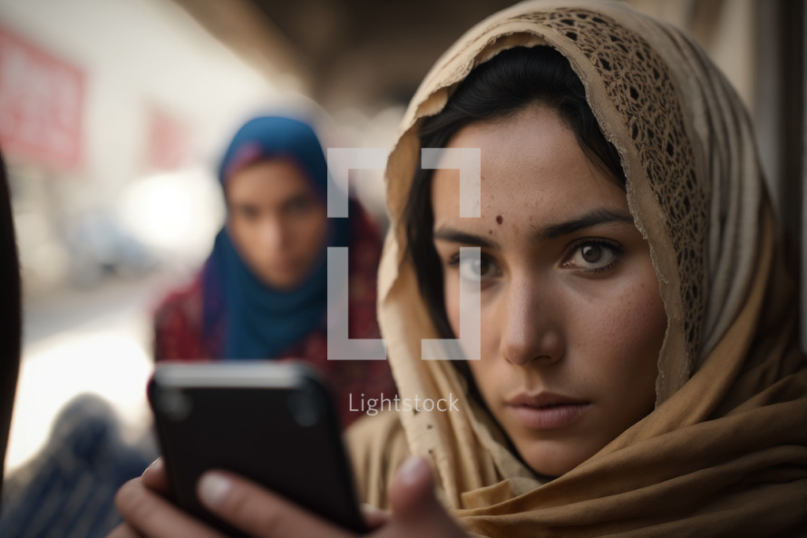 Digital art depicting a Muslim woman reading or watching content on her smartphone