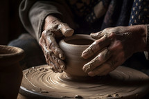 The potter's hands making a clay pot