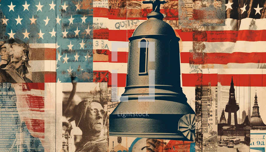 Collage of American symbols, flag, Liberty Bell, and the Stars and Stripes